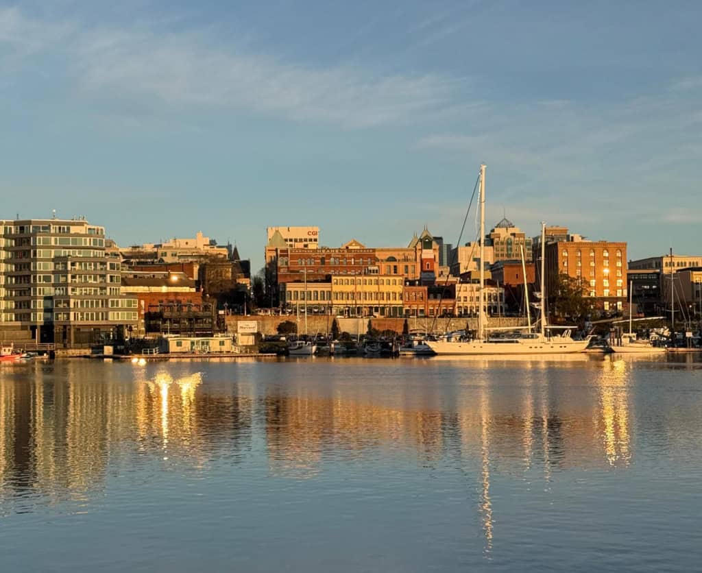 Victoria Harbour skyline during golden hour.