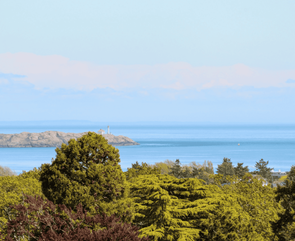 Photograph of Trial Islands Lighthouse in the distance off the southeast tip of Oak Bay.